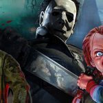 Jason, Michael Meyers, Chuckey, and Pennywise centered with scary imagery and blood splatter