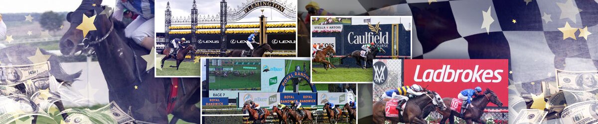 Jokey on horse with money and checked flag with stars, collages of the best Australian horses races