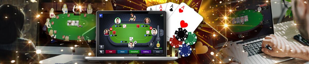 Person playing poker on Mac computer, poker game room on laptop, poker imagery like cards and chips