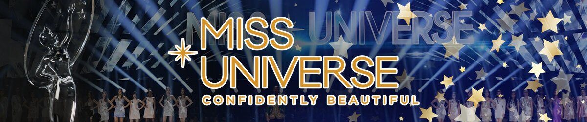 Miss Universe trophy left, Miss Universe Confidently Beautiful text, Contestants with entertainment imagery