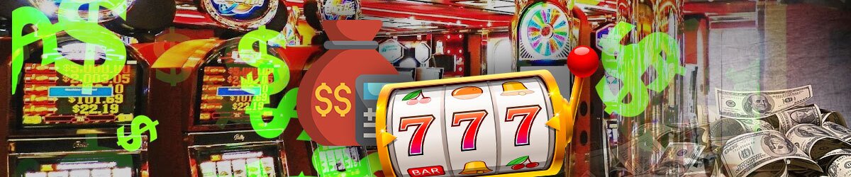 Slot machines in casino with dollar signs and money with slot imagery