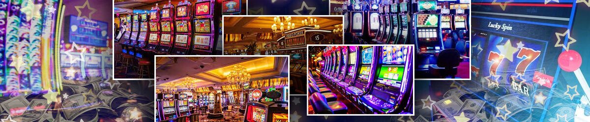 Facts about slot machines with different images of land-based casinos surrounded with money and stars