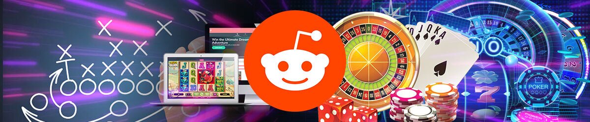 Reddit logo, laptop opened to slot machine game with various casino imagery