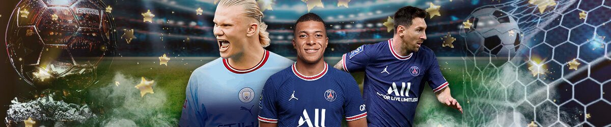 Soccer betting background with players Erling Haaland, Kylian Mbappe, and Lionel Messi