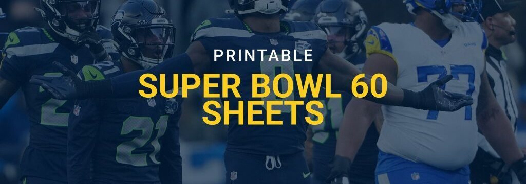 Printable Super Bowl 60 squares graphic featuring NFL players facing off, with GamblingSites.com branding
