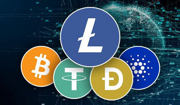 Illustration of multiple cryptocurrencies including Litecoin, Bitcoin, Tether, Dogecoin, and Cardano symbols displayed against a digital network background.
