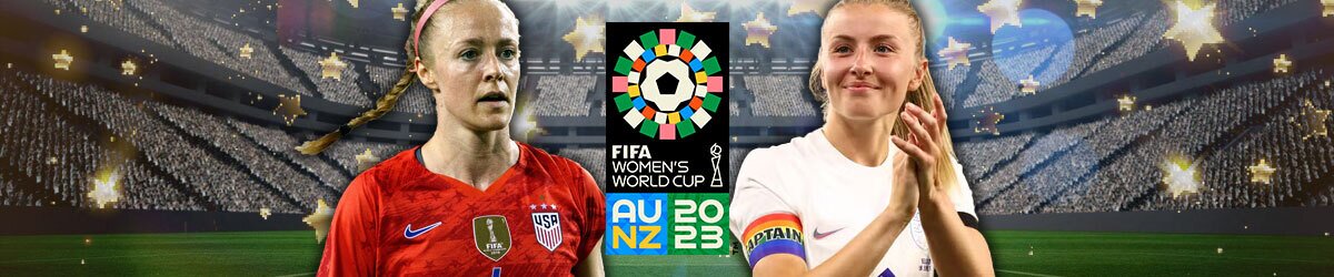 FIFA Women's World Cup logo centered in middle, players Becky Sauerbrunn (left) and Leah Williamson (right)