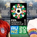 FIFA Women's World Cup logo centered in middle, players Becky Sauerbrunn (left) and Leah Williamson (right)