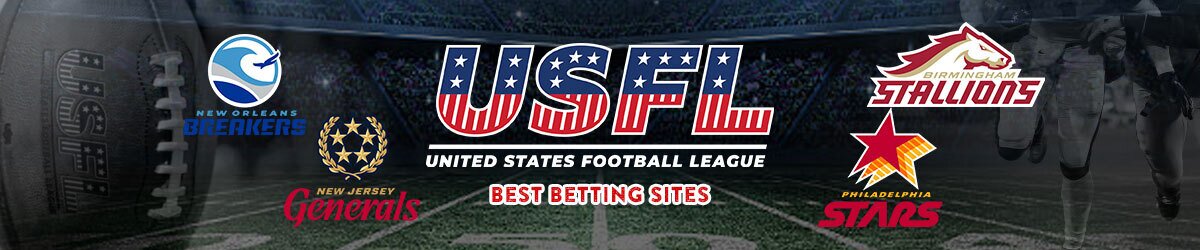 USFL logo centered with Best Betting Sites text underneath, Football background with logos from teams