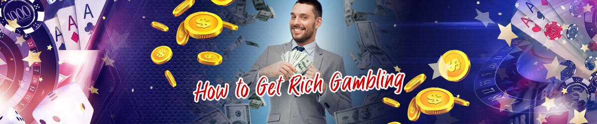 How to Get Rich Gambling text, Man in suit smiling and holding money, casino imagery and cash surrounding