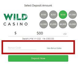 Wild Casino bonus code box