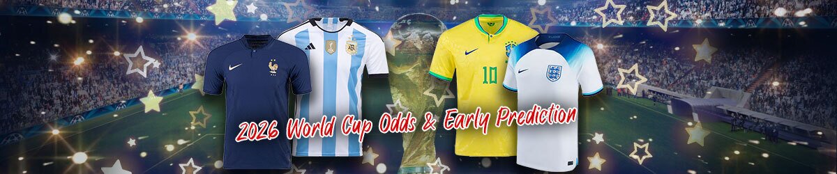 2026 World Cup Odds with jerseys and stars surrounding text with football stadium background