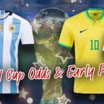 2026 World Cup Odds with jerseys and stars surrounding text with football stadium background