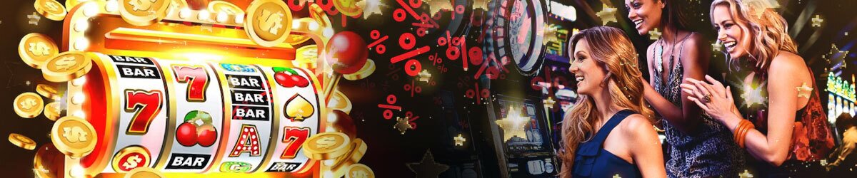 Slot RTP data with slots imagery and people enjoying themselves at the casino