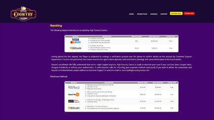 Banking page with list of accepted methods at High Country Casino