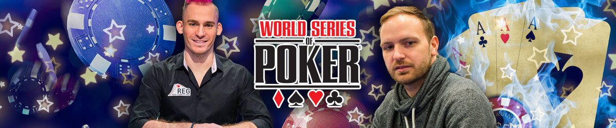 2023 WSOP Odds with poker players Justin "ZeeJustin" Bonomo and Michael "SirWatts" Watson surrounding by cards and chips