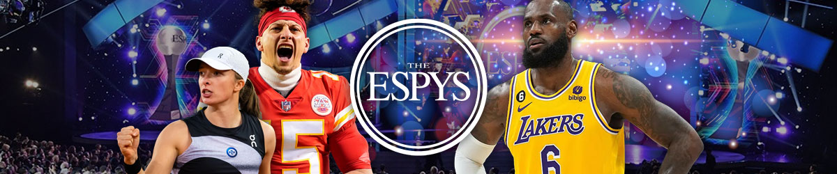 2023 ESPYs Odds with ESPYs logo centered with images of pro athletes like Iga Swiatek, Patrick Mahomes, LeBron James