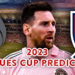 2023 Leagues Cup Odds with Lionel Messi centered with Liga MX logo on left and MLS logo right