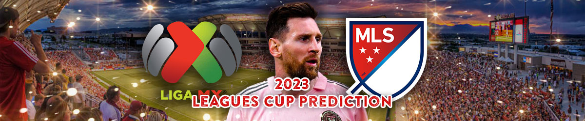 2023 Leagues Cup Odds with Lionel Messi centered with Liga MX logo on left and MLS logo right