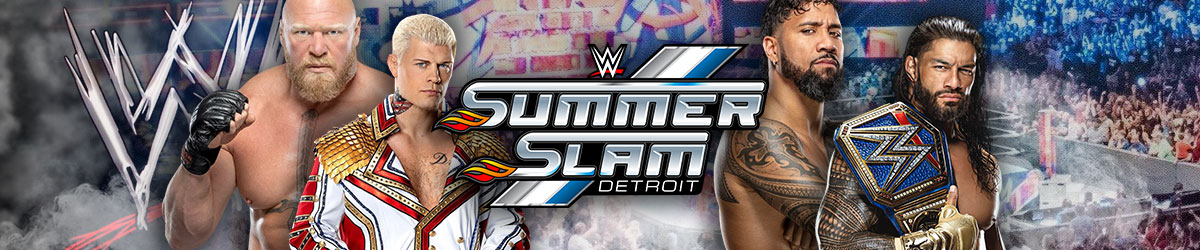 WWE SummerSlam Odds with logo centered with Brock Lesnar, Cody Rhodes, Jey Uso, and Roman Reigns