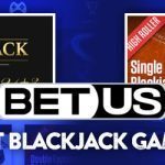 BetUS logo and best blackjack games text centered, blackjack game imagery in background