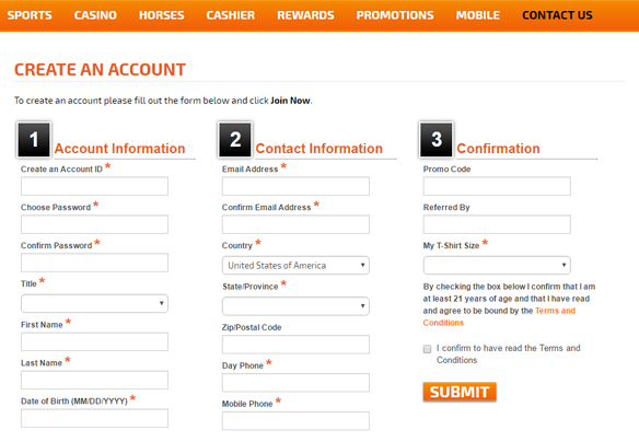 Account Creation Screenshot for an Online Casino