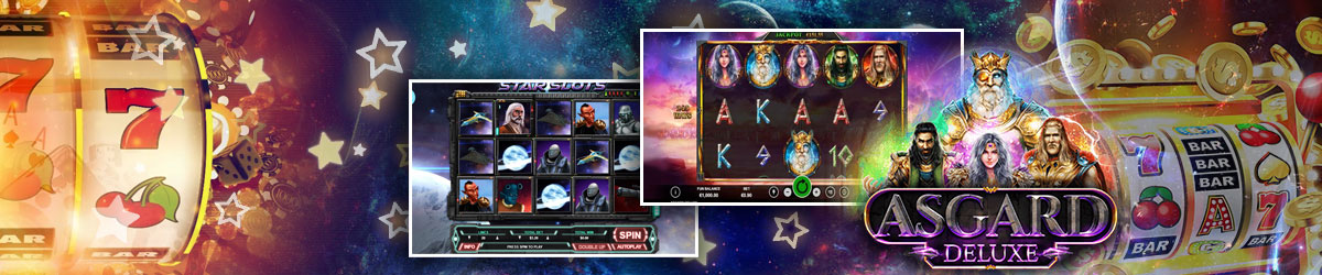 Best Space Slots like Stars Slots and Asgard Deluxe, outer space background with slots/casino imagery