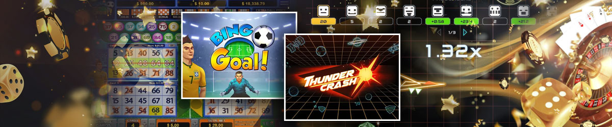 Specialty Casino Games like Bingo Goal and Thundercrash with casino imagery surrounding