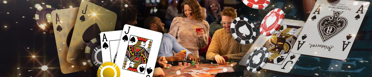 Tips for House Edge in Blackjack, cards and chips imagery with people playing in background