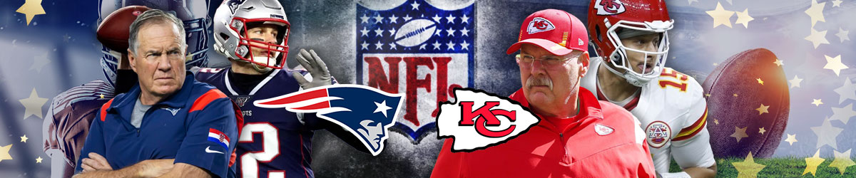 Predicting Next NFL Dynasties with NFL, Patriots, and Chiefs logos centered with Bill Belichick, Tom Brady, Andy Reid and Pat Mahomes