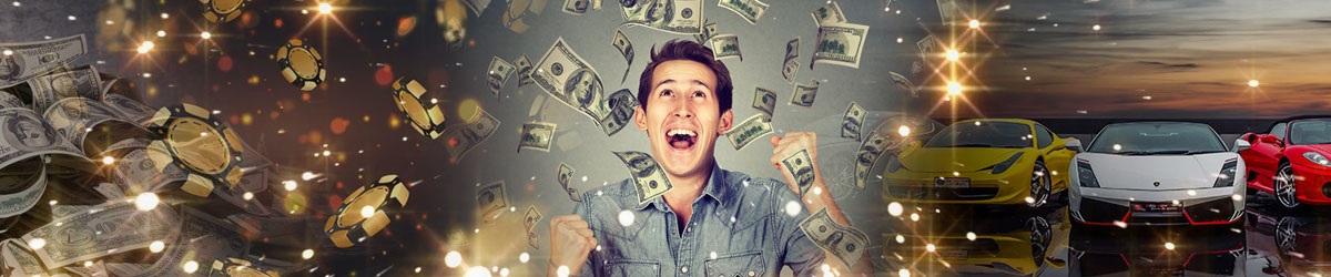 Money falling and man celebrating his gambling winnings with cars and casino imagery surrounding