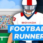 Bovada Football Runner Game Guide mit Grafik des Fußballspielers, Fußball Runner Image links mit Fußballstadion rechts