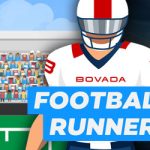 Bovada Football Runner Game Guide With Graphic of Football Player Centered, Football Runner Image till vänster med fotbollsarena till höger