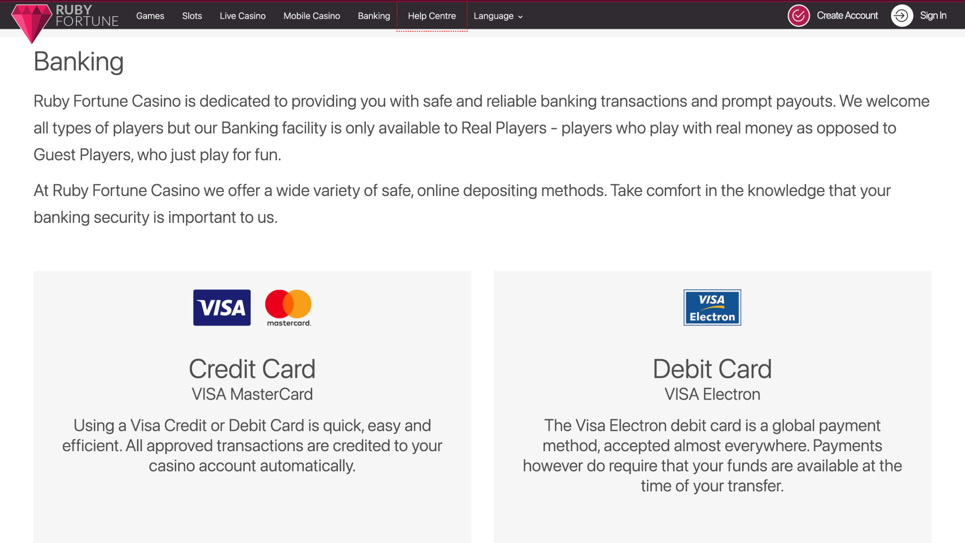 Ruby Fortune banking