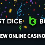 New Online Casinos text centered, Confetti sprinkling down on TrustDice logo and BC.Game logos, Smart phones displaying online casinos and casino imagery