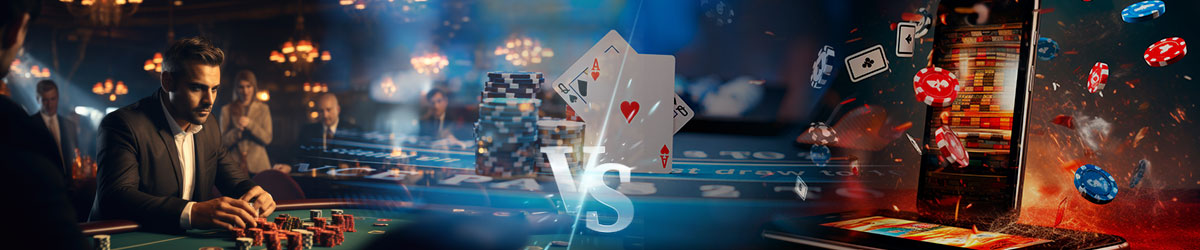 Online Blackjack vs. Casino Blackjack with images of people playing at blackjack table and smartphone with casino sites