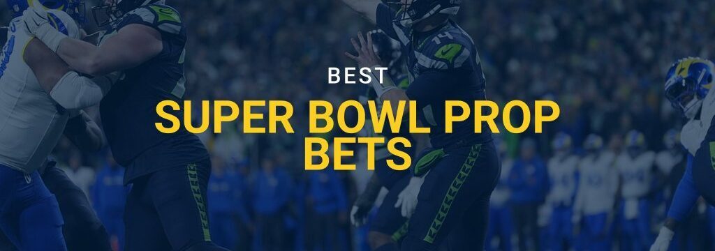 Seattle Seahawks quarterback throwing a pass during a Super Bowl game, with “Best Super Bowl Prop Bets” text overlay and GamblingSites.com branding.