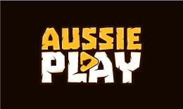 Aussie Play logo, yellow and white text on a colored background