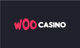 Woo Casino logo, pink and white text on a black background