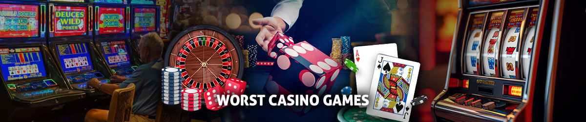 Worst Casino Games text centered with slot machines and various other casino games graphics surrounding
