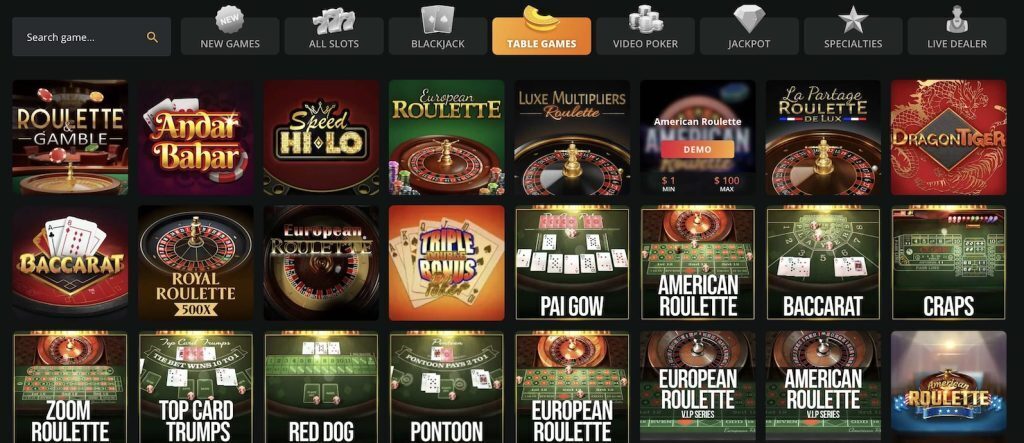 BetWhale Table Games Section Screenshot