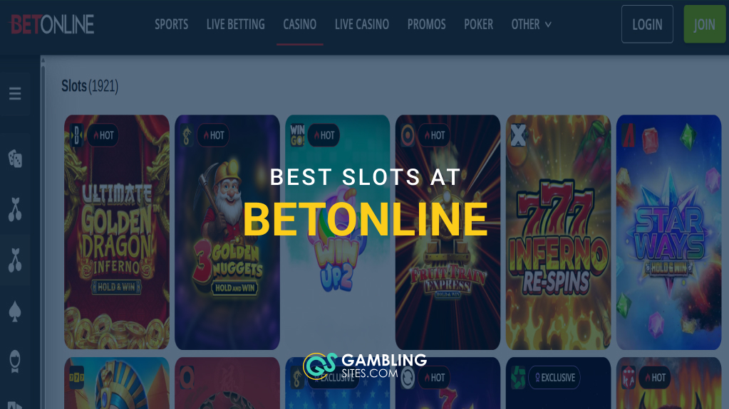 Feature image with text reading “Best Slots at BetOnline” over a selection of BetOnline slot games.