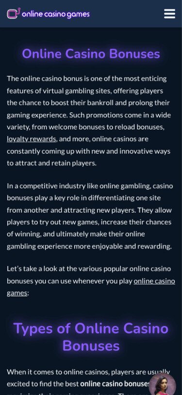 OnlineCasinoGames Mobile Bonus Information Page Screenshot
