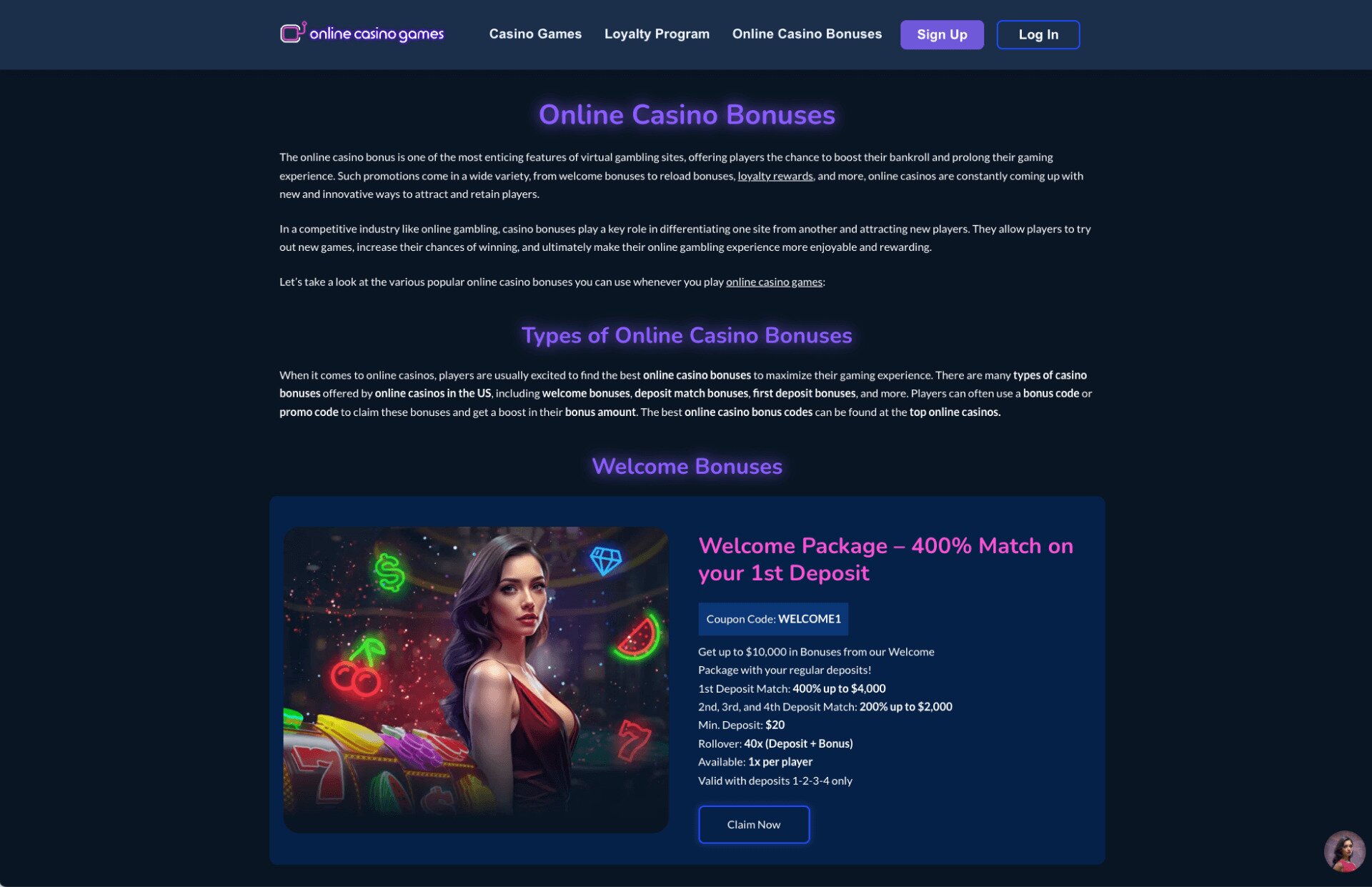 OnlineCasinoGames Bonus Information Page Screenshot