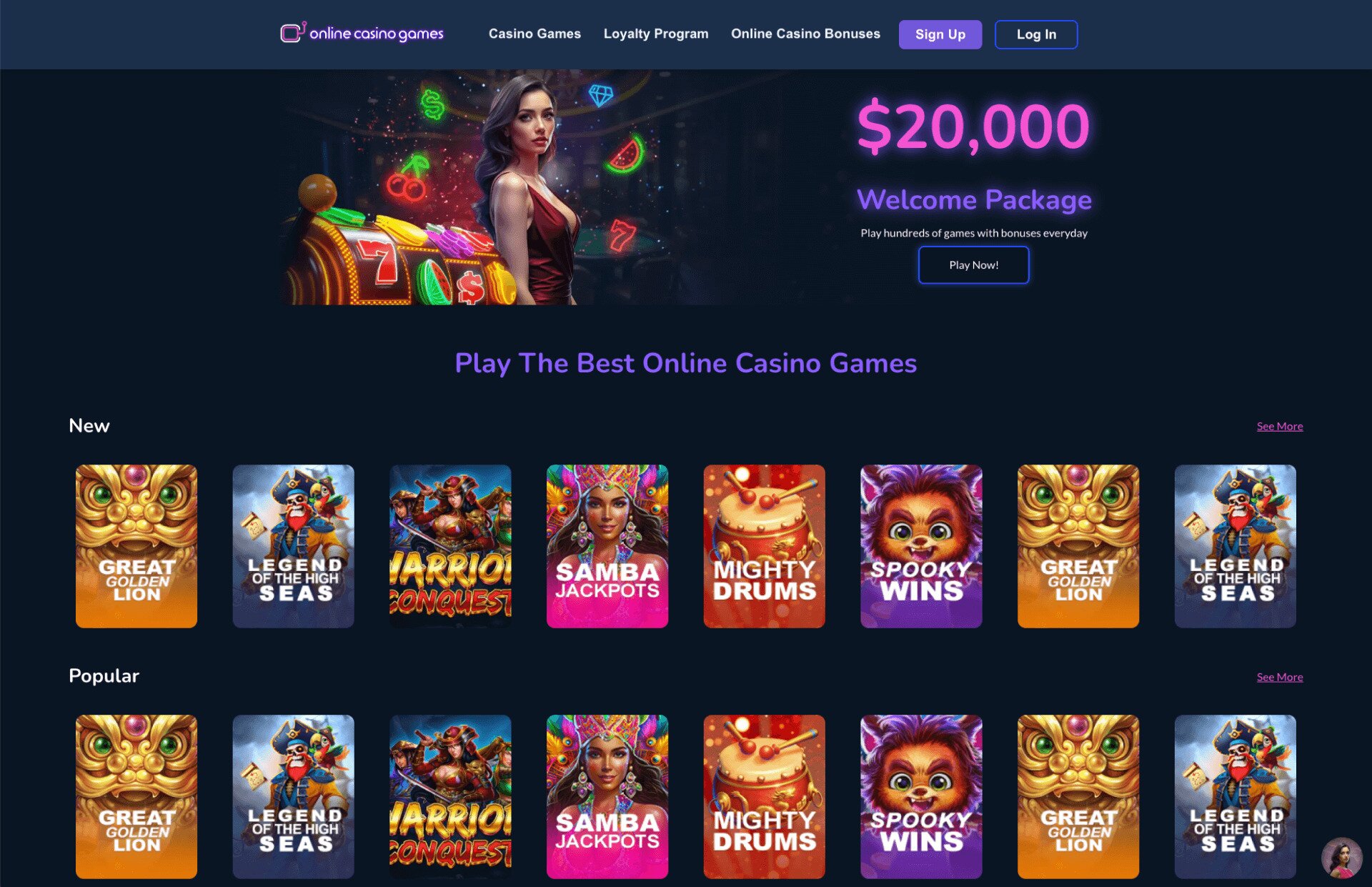 OnlineCasinoGames Games Page Screenshot