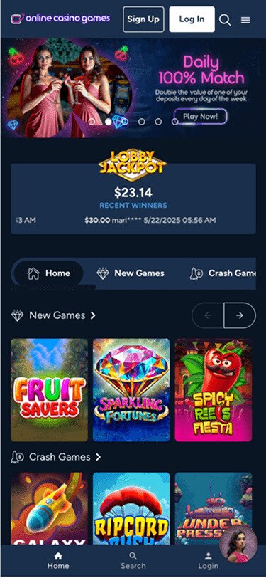 OnlineCasinoGames Mobile Games Page Screenshot