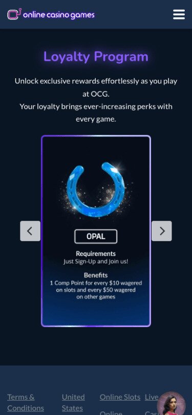 OnlineCasinoGames Mobile Loyalty Page Screenshot