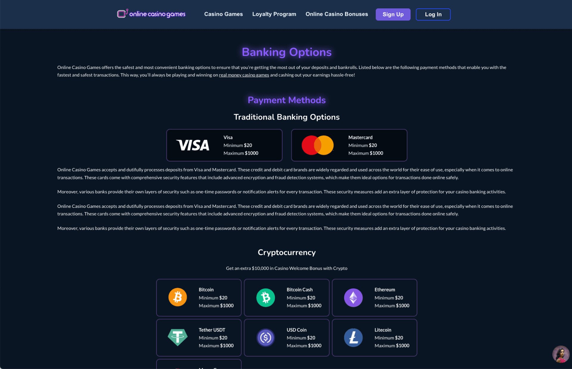 OnlineCasinoGames Payments Page Screenshot