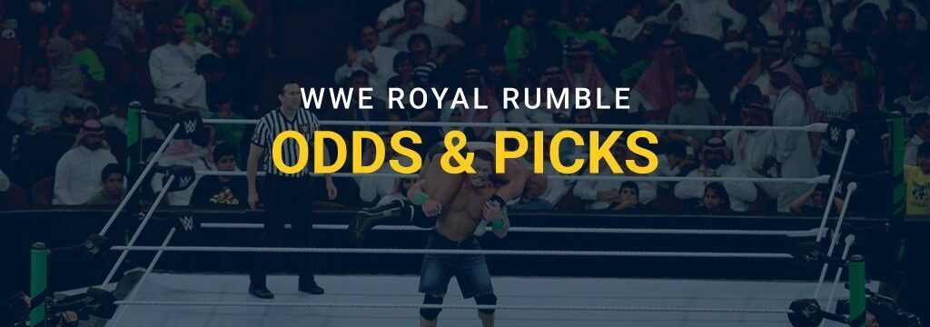 WWE Royal Rumble odds and picks banner featuring a wrestler standing in the ring before a packed arena crowd