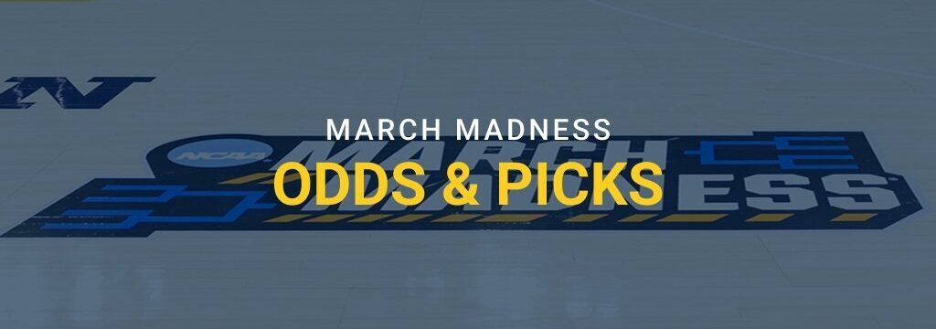 Basketball court with NCAA March Madness branding and text “Odds & Picks.”